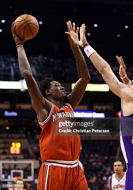 Larry Sanders of the Milwaukee Bucks puts up a shot against the Phoenix Suns during the NBA game at US Airways Center on January 17, 2013 in Phoenix,...