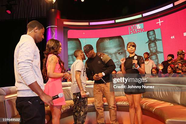 Shorty Da Prince, Kimberly 'Paigion' Walker, Bow Wow, 50 Cent and Miss Mykie visit BET's "106 & Park" at BET Studios on January 17, 2013 in New York...