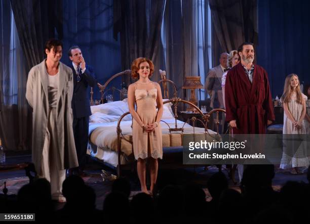 Actors Benjamin Walker, Scarlett Johansson, and Ciaran Hinds attend the curtain call for the "Cat On A Hot Tin Roof" Opening Night at Richard Rodgers...
