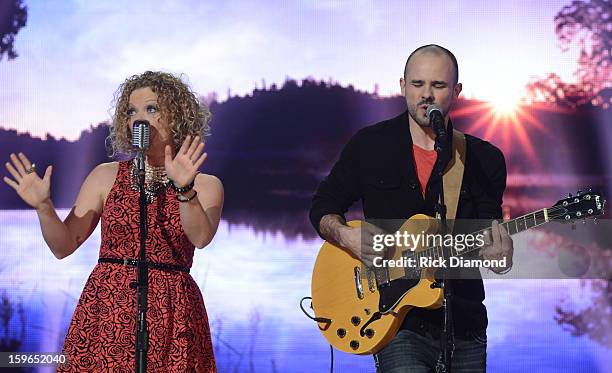 Contestants Kassie and Ben perform at the 31st annual Texaco Country Showdown National final at the Ryman Auditorium on January 17, 2013 in...