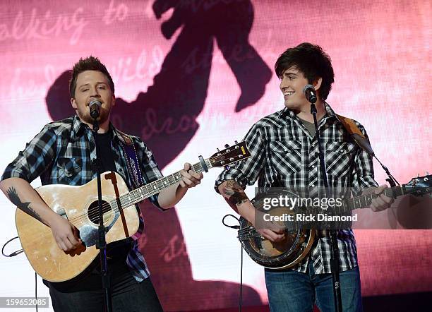 Contestants The Brothers Roberson perform at the 31st annual Texaco Country Showdown National final at the Ryman Auditorium on January 17, 2013 in...