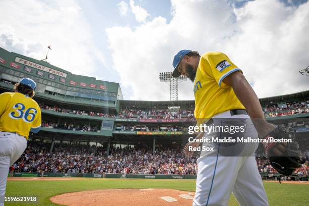 Kenley Jansen of the Boston Red Sox reacts after a win against the Detroit Tigers on August 13, 2023 at Fenway Park in Boston, Massachusetts.