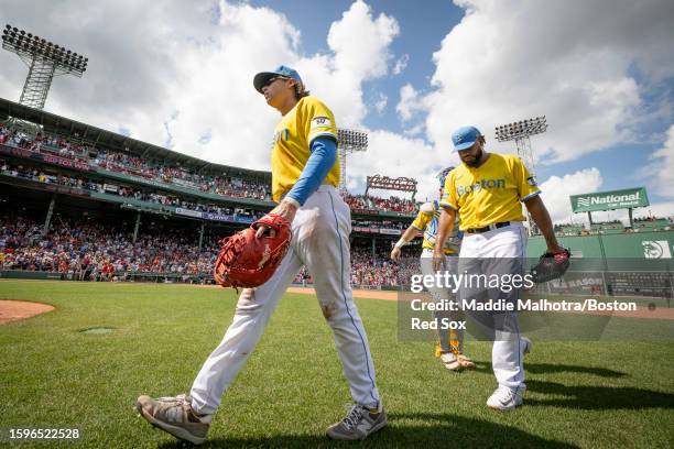 Triston Casas of the Boston Red Sox and Kenley Jansen of the Boston Red Sox react after a win against the Detroit Tigers on August 13, 2023 at Fenway...