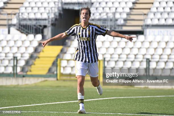 Kenan Yildiz of Juventus celebrates after scoring a goal during the Friendly Match between Pro Vercelli and Juventus Next Gen at Stadio Silvio Piola...