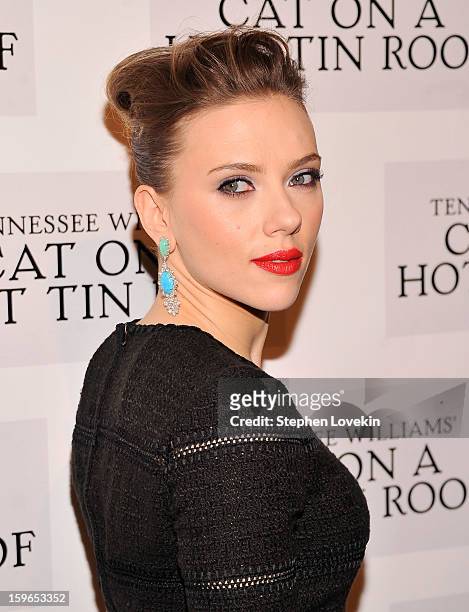 Actress Scarlett Johansson attends the "Cat On A Hot Tin Roof" Broadway opening night after party at The Lighthouse at Chelsea Piers on January 17,...
