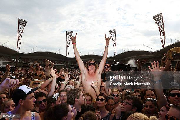 Festival-goers watch Vampire Weekend perform at Big Day Out 2013 at Sydney Showground on January 18, 2013 in Sydney, Australia.