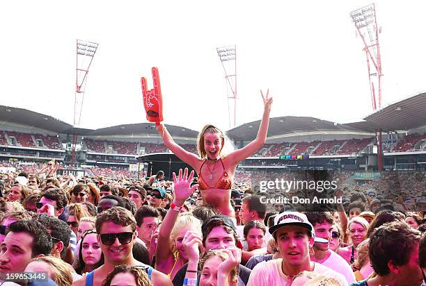 Festival goers show their appreciation for Vampire Weekend during Big Day Out 2013 at Sydney Showground on January 18, 2013 in Sydney, Australia.