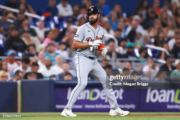 Riley Greene of the Detroit Tigers looks on against the Miami Marlins during the second inning at loanDepot park on July 30, 2023 in Miami, Florida.