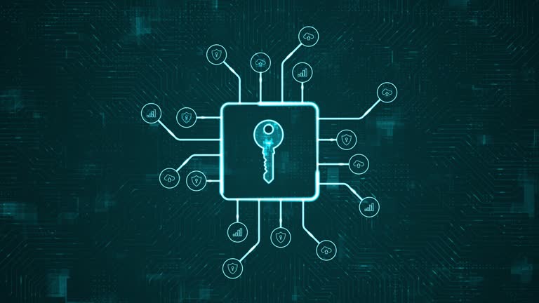 Motion graphic of Blue digital security key logo and futuristic HUD ...