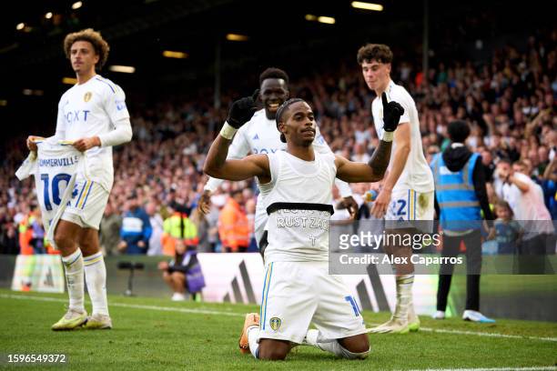 Crysencio Summerville of Leeds United celebrates after scoring his team's second goal during the Sky Bet Championship match between Leeds United and...