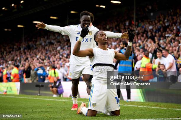 Crysencio Summerville of Leeds United celebrates with his teammate Wilfried Gnonto after scoring his team's second goal during the Sky Bet...