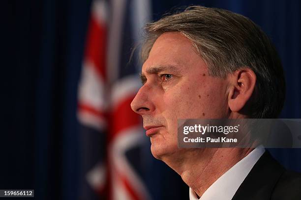 British secretary of state for defence Philip Hammond addresses the media together with British secretary of state for foreign and commonwealth...