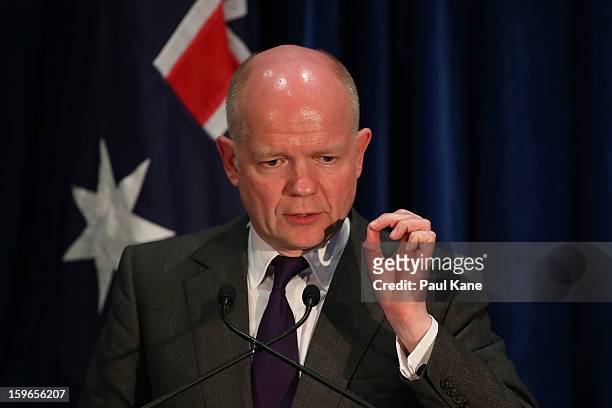 British secretary of state for foreign and commonwealth affairs William Hague addresses the media together with Australian foreign affairs minister...