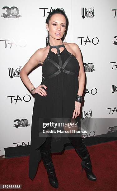 Adult film actress Alektra Blue attends the official AVN Awards pre-party at the Tao Nightclub at The Venetian on January 17, 2013 in Las Vegas,...