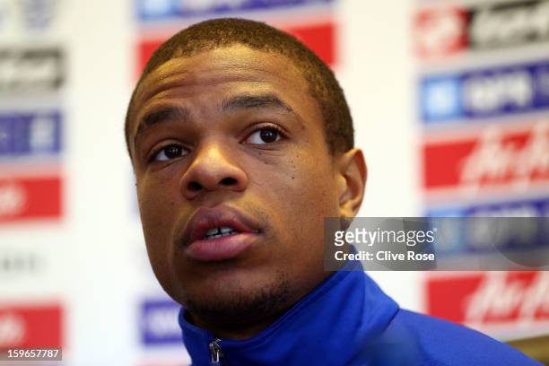 Loic Remy of Queens Park Rangers speaks during a press conference to announce his signing on January 18, 2013 in Harlington, England.