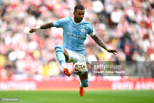 Kyle Walker of Manchester City in possession during The FA Community Shield match between Manchester City against Arsenal at Wembley Stadium on...