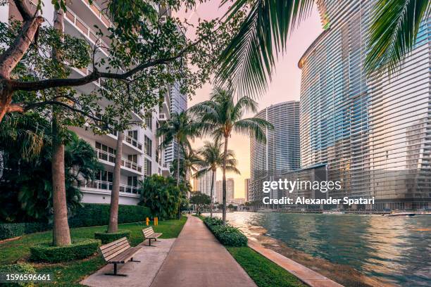 luxury apartment buildings in brickell key near downtown miami, florida, usa - brickell miami stock pictures, royalty-free photos & images