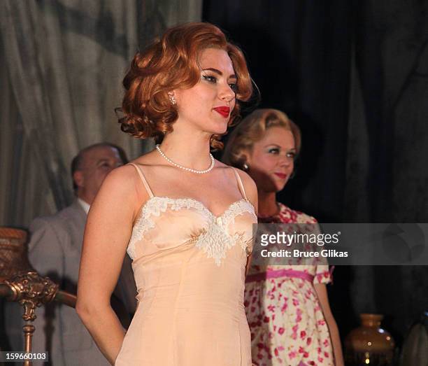Scarlett Johansson as "Maggie the Cat" takes her Opening Night curtain call in "Cat On A Hot Tin Roof" on Broadway at The Richard Rodgers Theatre on...