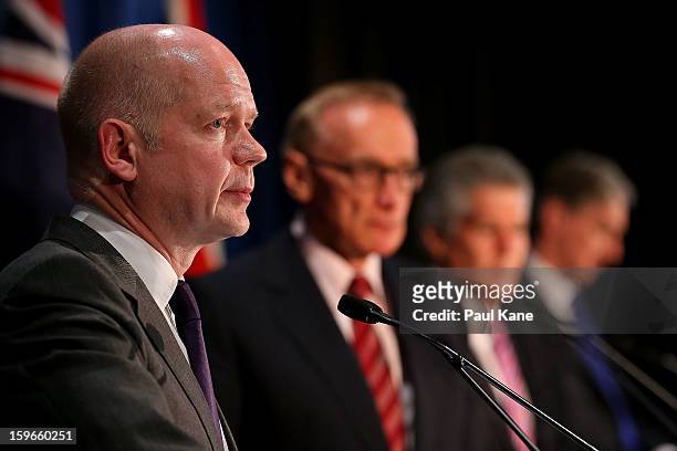 British secretary of state for foreign and commonwealth affairs William Hague addresses the media together with Australian foreign affairs minister...