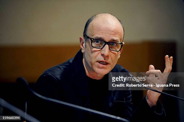 Italian author and musician Emidio Clementi attends the "Nastro di Moebius" conference at San Giorgio in Poggiale Library on January 16, 2013 in...