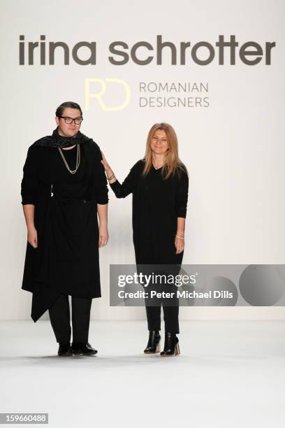 Fashion designer Irina Schrotter after her show on the Runway at Irina Schrotter Autumn/Winter 2013/14 fashion show during Mercedes-Benz Fashion Week...