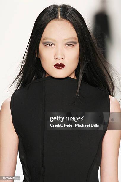 Model walks down the Runway at Irina Schrotter Autumn/Winter 2013/14 fashion show during Mercedes-Benz Fashion Week Berlin at Brandenburg Gate on...