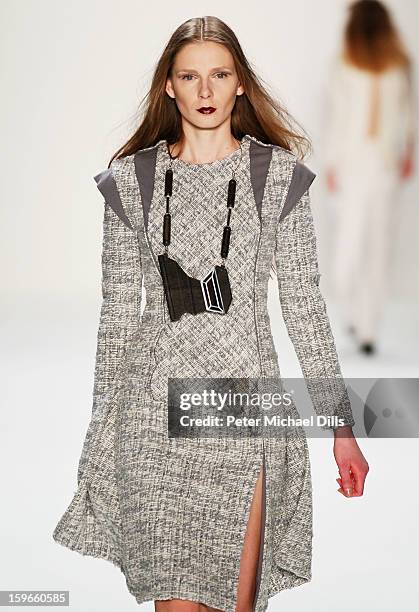 Model walks down the Runway at Irina Schrotter Autumn/Winter 2013/14 fashion show during Mercedes-Benz Fashion Week Berlin at Brandenburg Gate on...