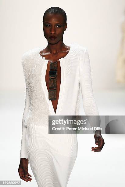 Model walks down the Runway at Irina Schrotter Autumn/Winter 2013/14 fashion show during Mercedes-Benz Fashion Week Berlin at Brandenburg Gate on...