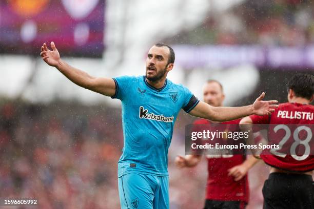 Inigo Lekue of Athletic Club reacts during the pre-season friendly match between Manchester United and Athletic Club at Aviva Stadium on August 6 in...