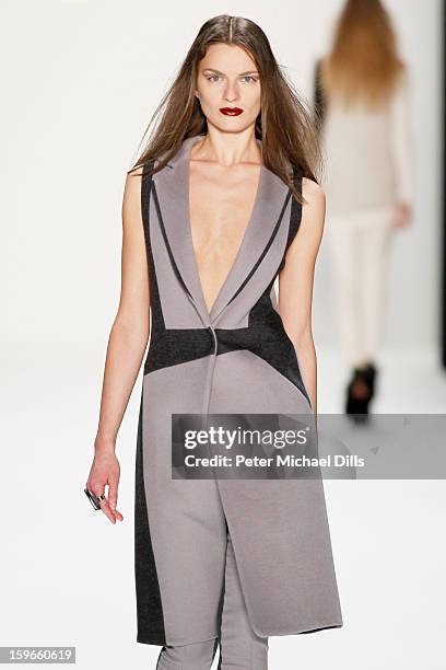 Model walks down the Runway at Irina Schrotter Autumn/Winter 2013/14 fashion show during Mercedes-Benz Fashion Week Berlin at Brandenburg Gate on...