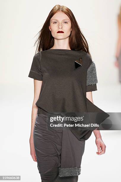 Model walks down the Runway at Irina Schrotter Autumn/Winter 2013/14 fashion show during Mercedes-Benz Fashion Week Berlin at Brandenburg Gate on...