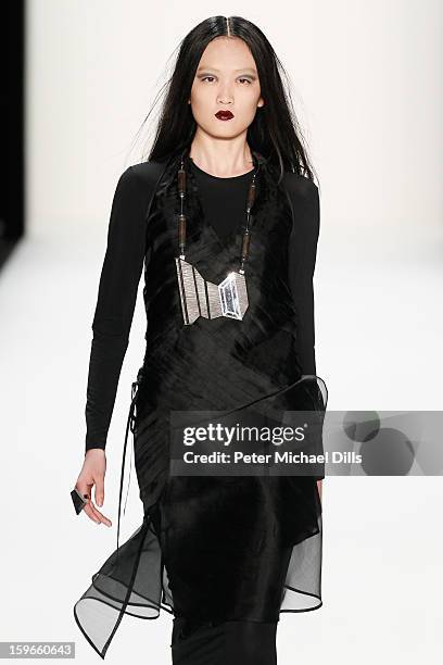 Model walks down the Runway at Irina Schrotter Autumn/Winter 2013/14 fashion show during Mercedes-Benz Fashion Week Berlin at Brandenburg Gate on...