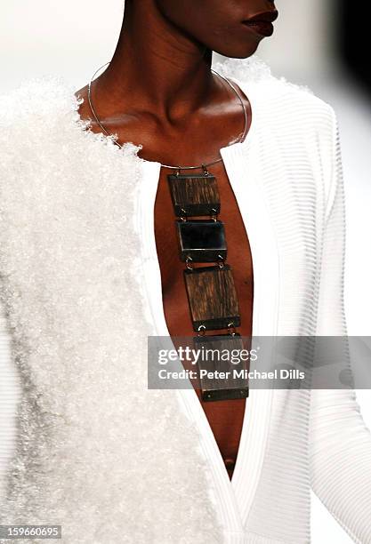 Model walks down the Runway at Irina Schrotter Autumn/Winter 2013/14 fashion show during Mercedes-Benz Fashion Week Berlin at Brandenburg Gate on...