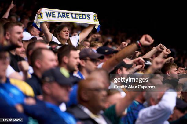 Leeds United fans show their support prior to the Sky Bet Championship match between Leeds United and Cardiff City at Elland Road on August 06, 2023...