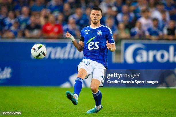 Frédéric Guilbert of Strasbourg looks to pass the ball during the Ligue 1 Uber Eats match between RC Strasbourg and Olympique Lyon at Stade de la...