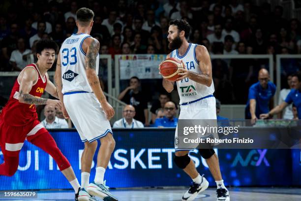 Achille Polonara and Luigi Datome of Italy in action during the Trentino Basket Cup 2023, final match between Italy and China at BLM Group Arena on...