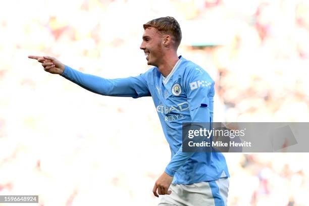 Cole Palmer of Manchester City celebrates after scoring the team's first goal during The FA Community Shield match between Manchester City against...