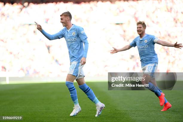 Cole Palmer of Manchester City celebrates after scoring the team's first goal during The FA Community Shield match between Manchester City against...