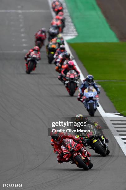 Francesco Bagnaia of Italy in action on his way to second place during the MotoGP of Great Britain - Race at Silverstone Circuit on August 06, 2023...