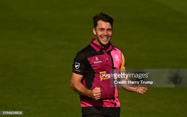 Curtis Campher of Somerset celebrates the wicket of Cameron Jones of Worcestershire to win the match during the Metro Bank One Day Cup match between...