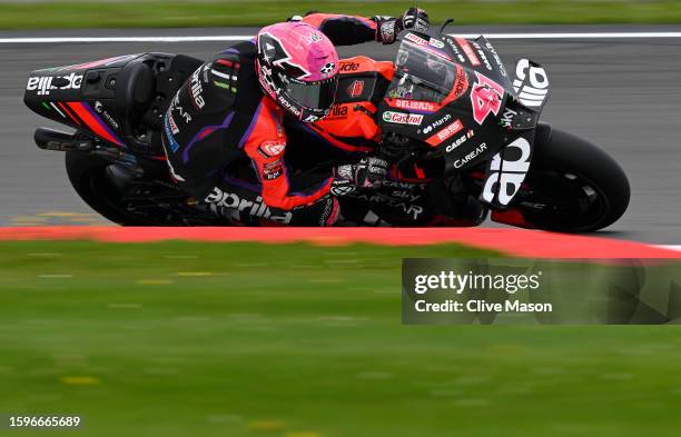 Aleix Espargaro of Spain in action on his way to winning the MotoGP of Great Britain - Race at Silverstone Circuit on August 06, 2023 in Northampton,...