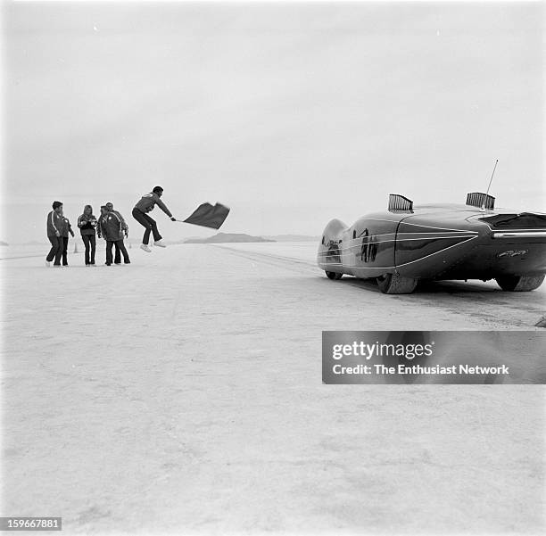 Moonliner - Bonneville - Gary Gabelich prepares for a race down the Bonneville Salt Flats in the Moon Equipment - Dean Moon Moonliner. Powered by a...