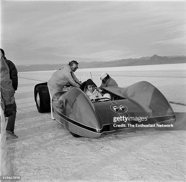 Moonliner - Bonneville - Gary Gabelich prepares for a race down the Bonneville Salt Flats in the Moon Equipment - Dean Moon Moonliner. Powered by a...