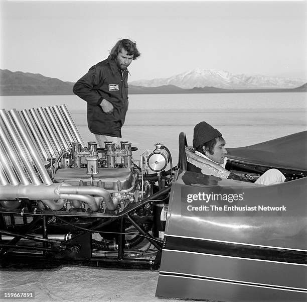 Moonliner - Bonneville - Gary Gabelich prepares for a race down the Bonneville Salt Flats in the Moon Equipment - Dean Moon Moonliner. Powered by a...