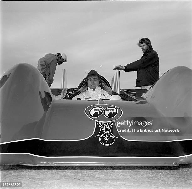 Moonliner - Bonneville - Gary Gabelich prepares for a race down the Bonneville Salt Flats in the Moon Equipment - Dean Moon Moonliner. Powered by a...