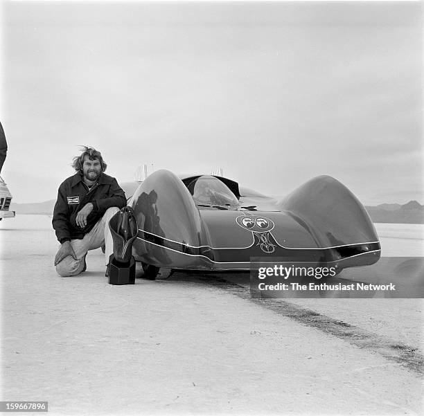 Moonliner - Bonneville - Gary Gabelich prepares for a race down the Bonneville Salt Flats in the Moon Equipment - Dean Moon Moonliner. Powered by a...