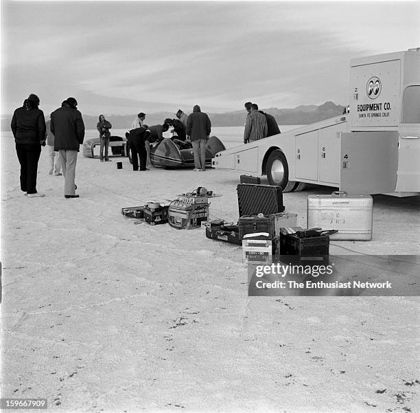 Moonliner - Bonneville - Gary Gabelich prepares for a race down the Bonneville Salt Flats in the Moon Equipment - Dean Moon Moonliner. Powered by a...