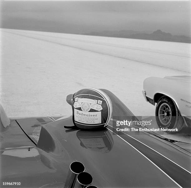 Moonliner - Bonneville - Gary Gabelich prepares for a race down the Bonneville Salt Flats in the Moon Equipment - Dean Moon Moonliner. Powered by a...