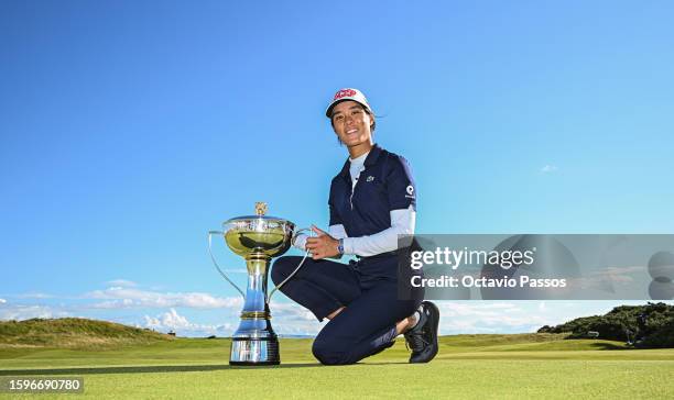 Celine Boutier of France poses with the championship trophy after winning the FREED GROUP Women's Scottish Open presented by Trust Golf at Dundonald...