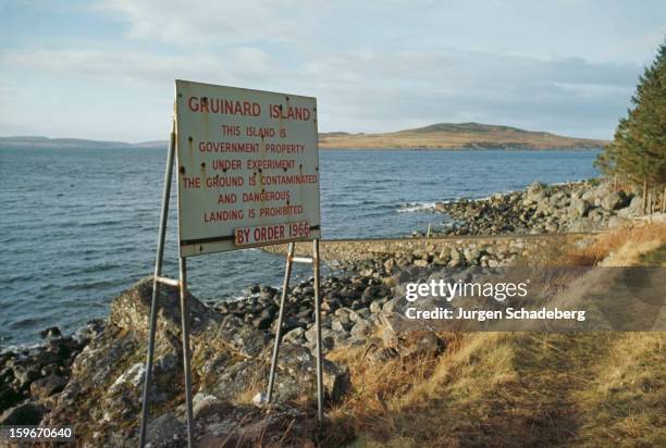 The British military biological warfare testing site on Gruinard Island, Scotland, 1975. The island was decontaminated in the late 1980s.